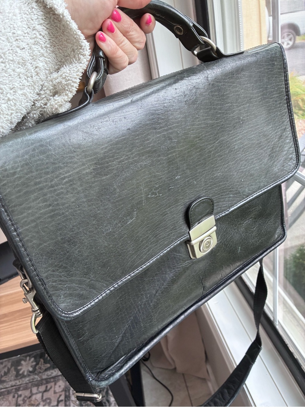 Pelle Studio Green/Black Leather Briefcase Messenger Work Bag